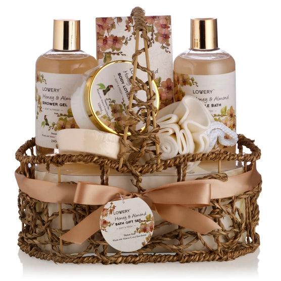 Home Spa Gift Basket, Honey & Almond Scent, Bath & Body Care – Love Blossoms, Easton PA