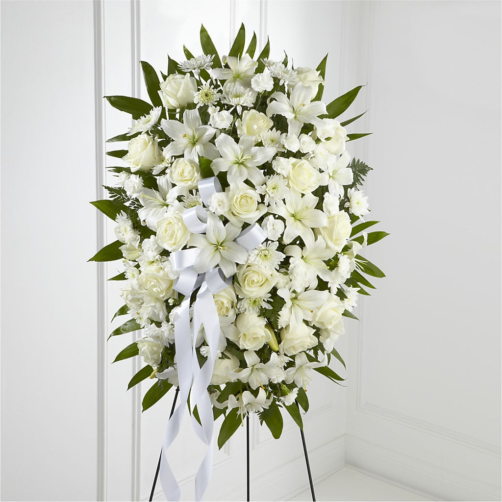 Exquisite Tribute Standing Spray-White Ribbon – Love Blossoms, Easton PA