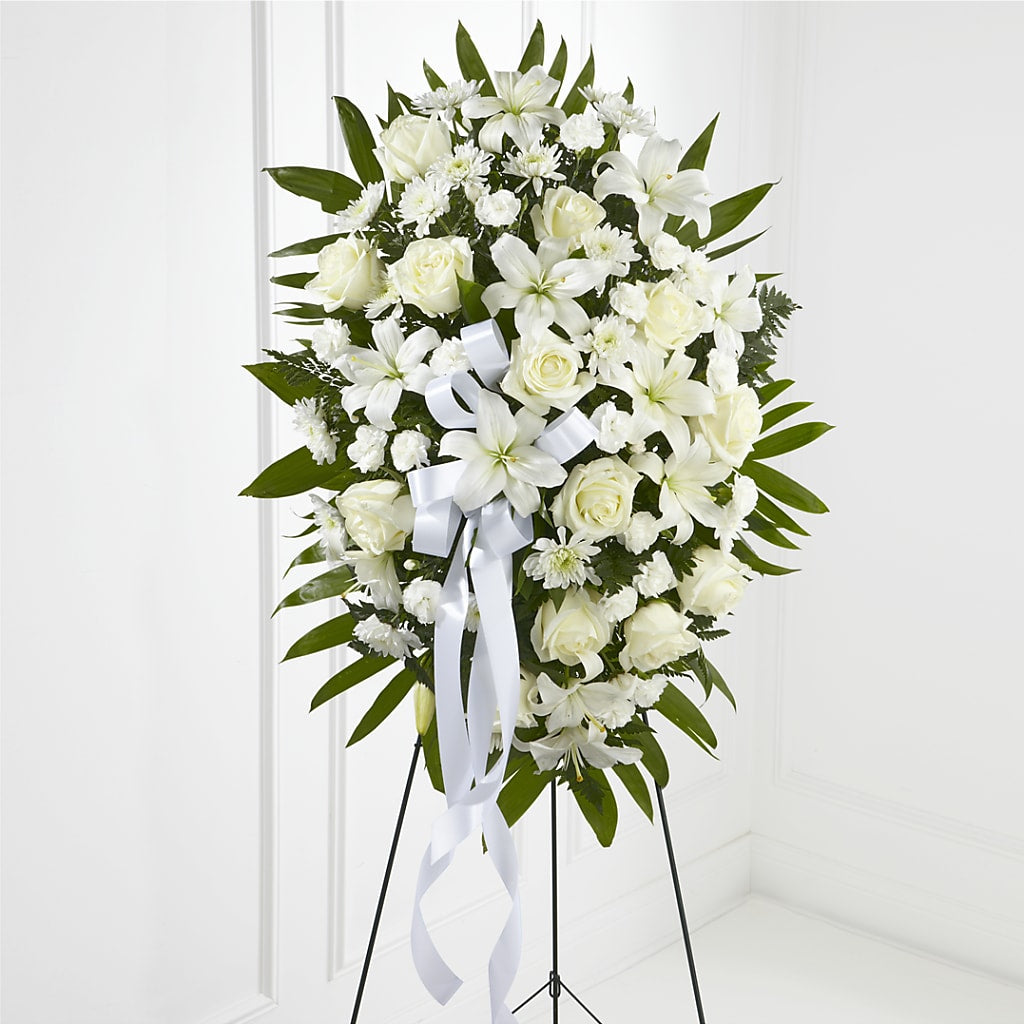 Exquisite Tribute Standing Spray-White Ribbon – Love Blossoms, Easton PA